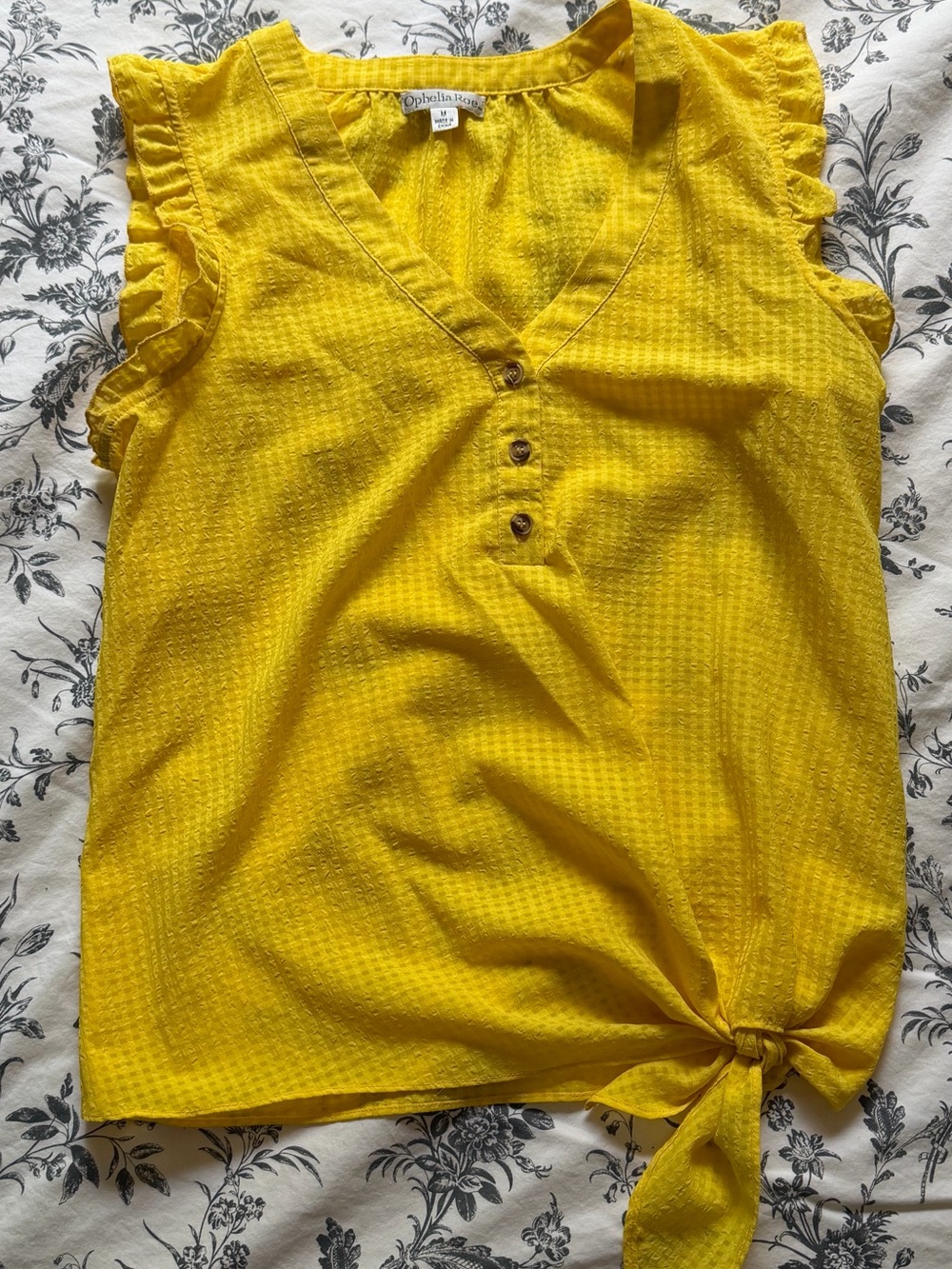 Bright Yellow Tie-Hem Ruffle Sleeve V-Neck Top